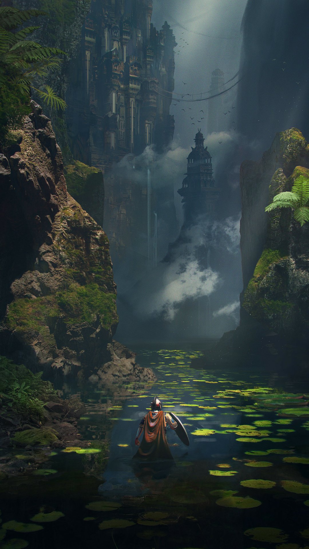 Phone wallpaper of fantasy exploration: a lone rower paddles through a lily-covered canyon toward mist-shrouded towers linked by hanging bridges.