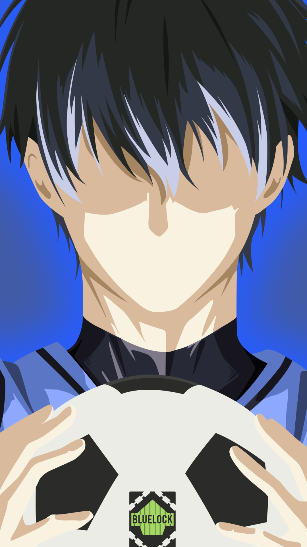Phone wallpaper of Isagi Yoichi from Blue Lock — anime close-up with bangs shadowing his eyes, hands gripping a soccer ball bearing the Blue Lock emblem against a vivid blue background.