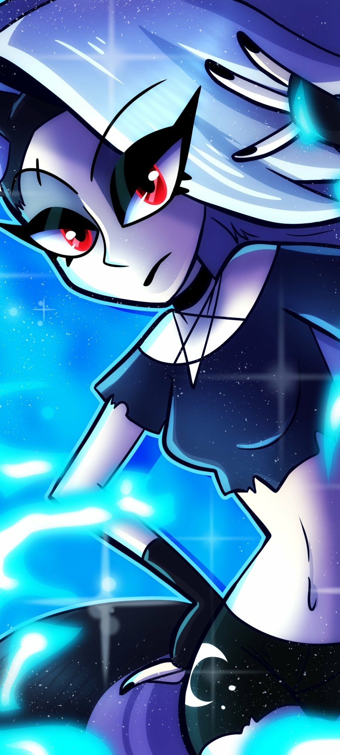 Phone wallpaper featuring Loona from the TV show Helluva Boss, with vibrant blue and black tones and glowing effects, designed for iPhone and Android screens.