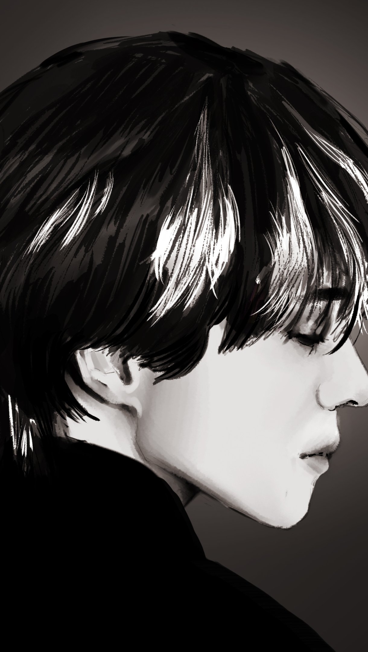 Moody black-and-white profile portrait phone wallpaper — stylized, music-themed artwork inspired by BTS.