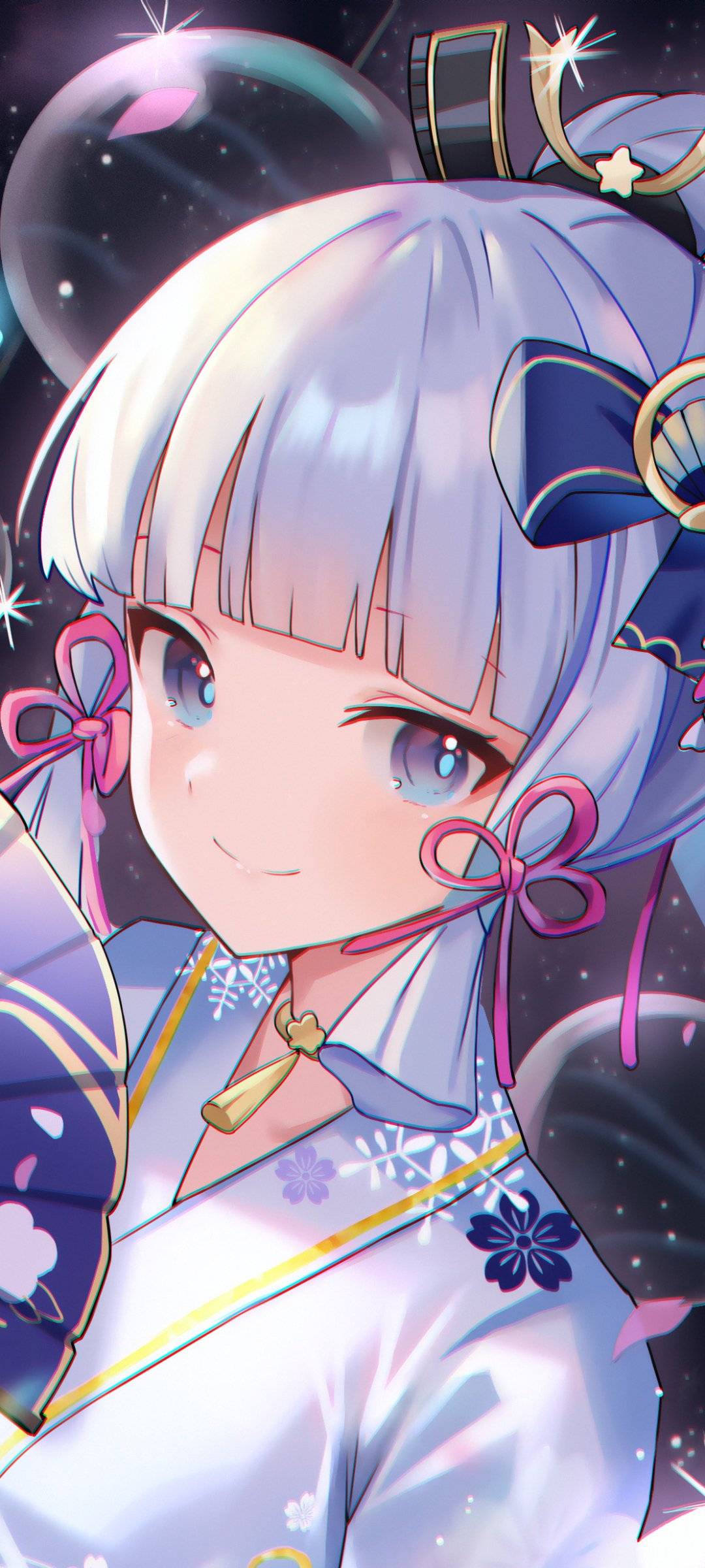 Phone wallpaper featuring Kamisato Ayaka from the video game Genshin Impact: close-up portrait with silver hair, blue eyes, floral kimono, decorative ribbons and a starry bubble background.