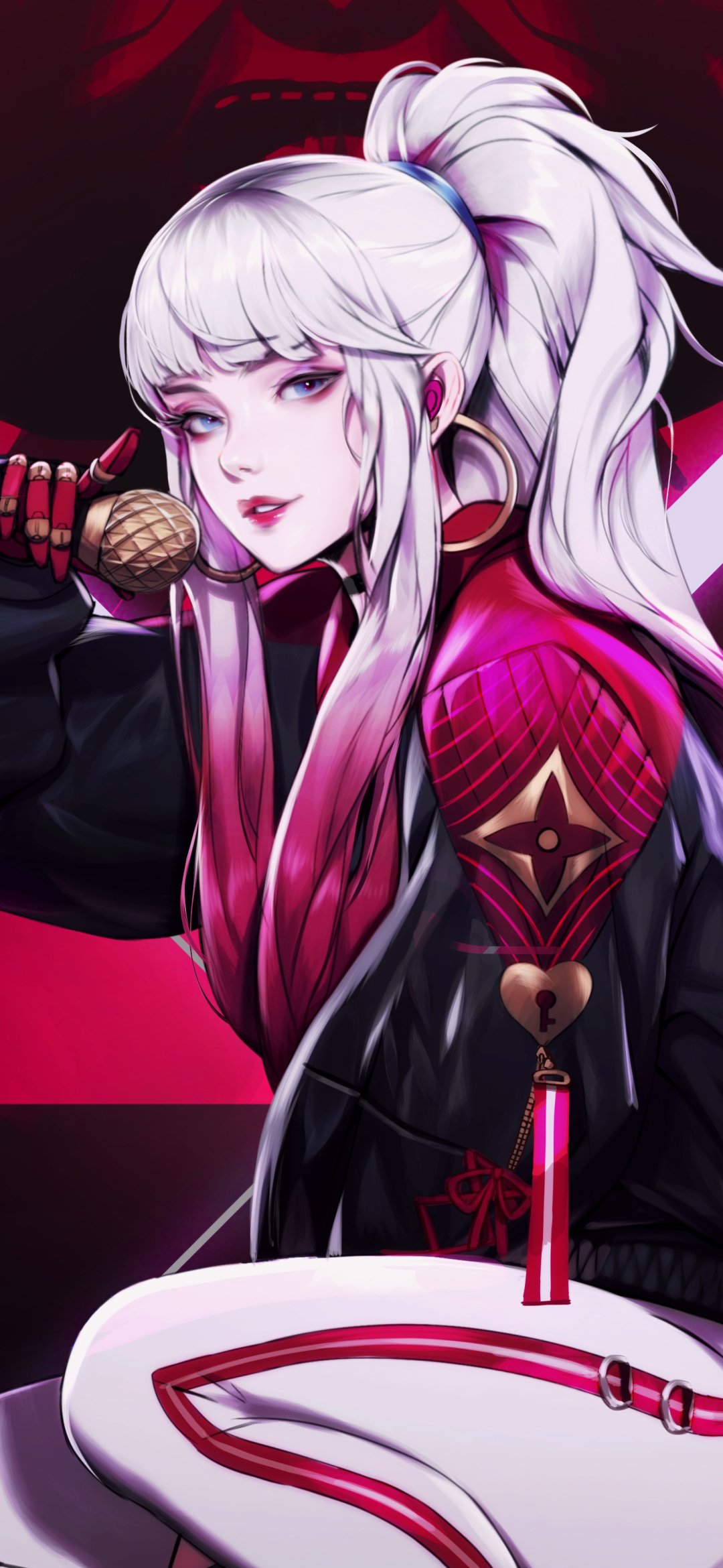 Phone wallpaper of an anime girl with white ponytail and pink highlights, in a black-and-red jacket, holding a gold microphone against a dark crimson background.