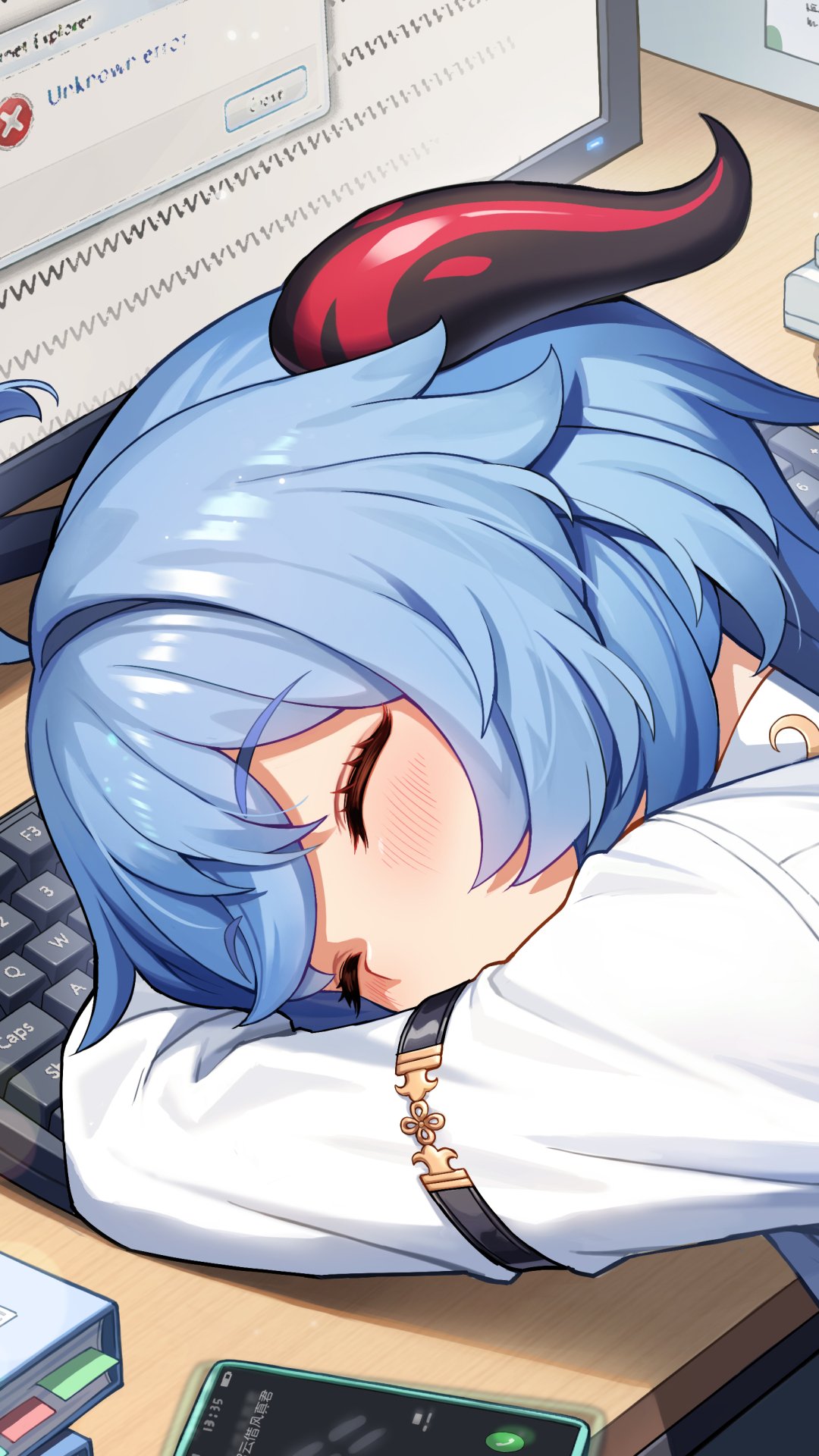 Phone wallpaper of Genshin Impact’s Ganyu resting on a desk with a computer and smartphone, designed for both iPhone and Android devices.