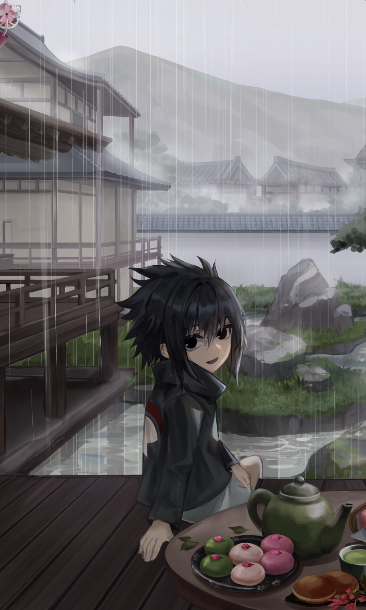 Phone wallpaper anime scene from Naruto: young Sasuke Uchiha sitting on a rainy wooden veranda, tea and sweets on a tray, misty lake and mountains in the background.