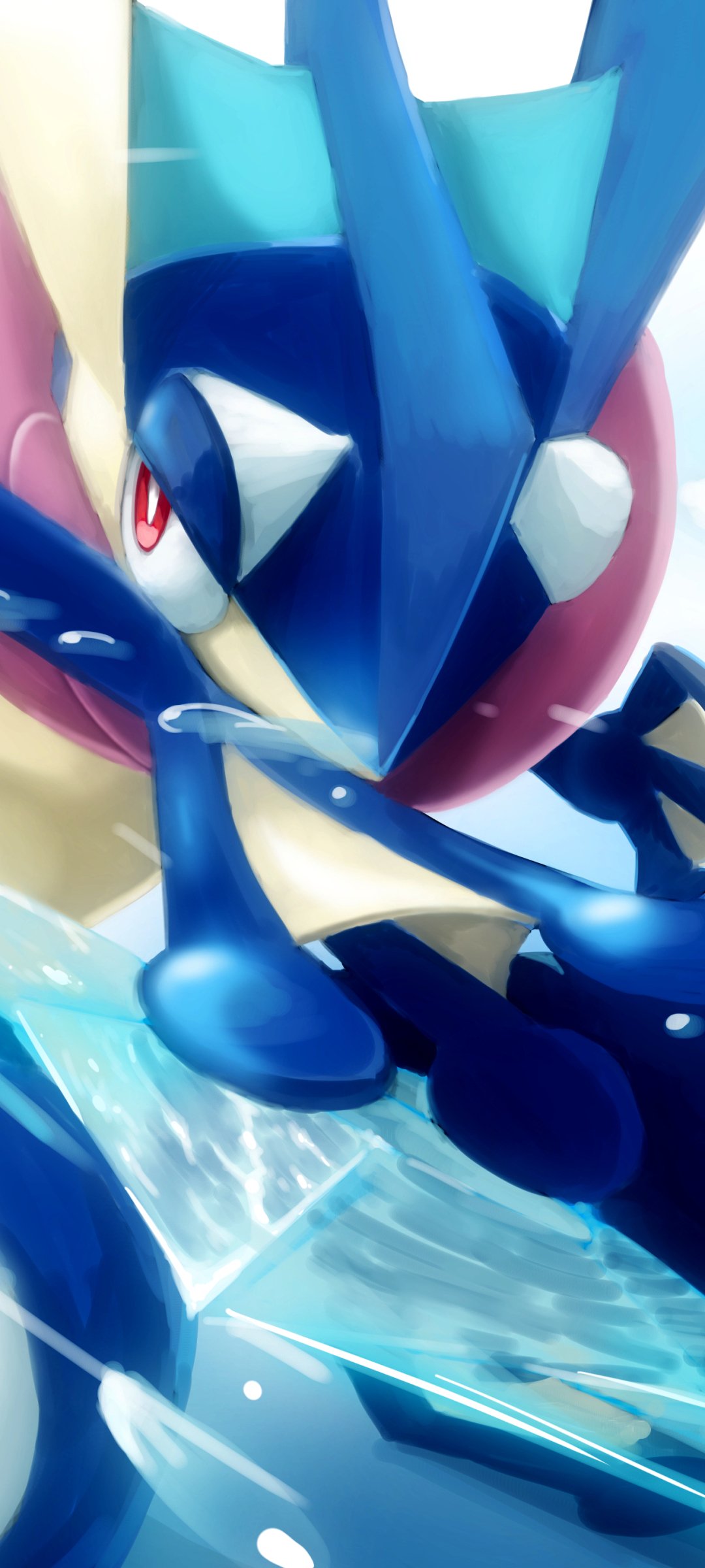 Phone wallpaper featuring Greninja, a water-type Pokémon, in dynamic action with splashing water effects, designed for both iPhone and Android displays.