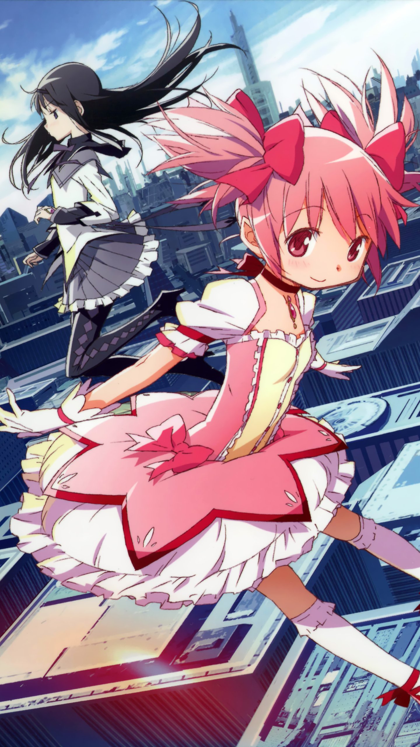 Anime phone wallpaper of Madoka Kaname and Homura Akemi (Puella Magi Madoka Magica) on city rooftops — Madoka in a pink magical-girl outfit, Homura in black, both with wind-swept hair.