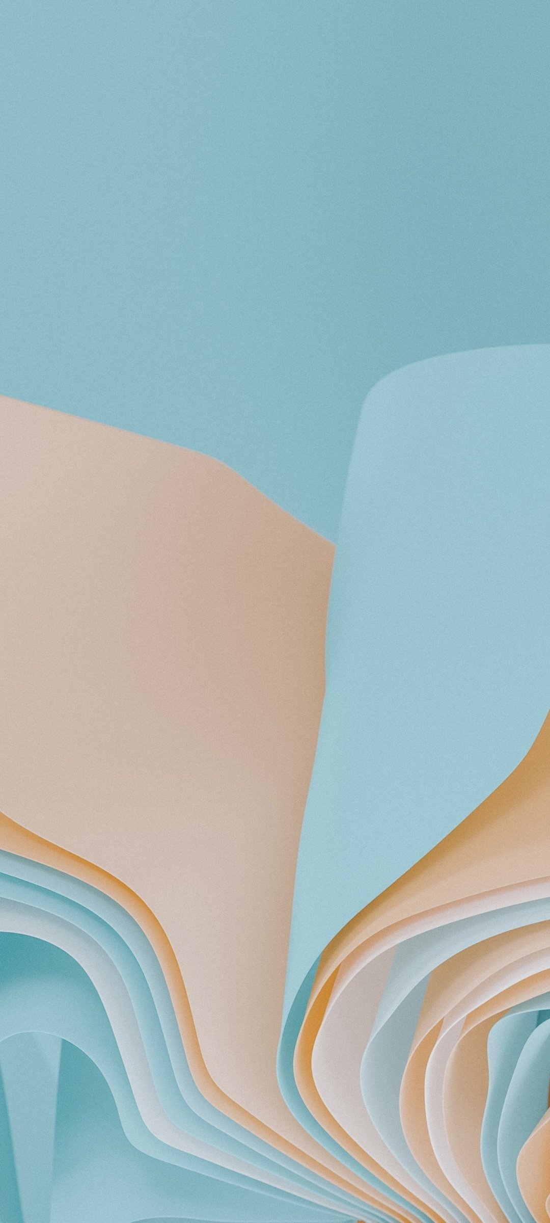 Windows 11 phone wallpaper showing abstract layered paper-like waves in soft pastel blues and beige forming smooth, flowing curved ridges.