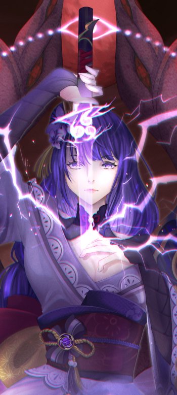 Baal Raiden Shogun from Genshin Impact, glowing with purple energy, holding a sword vertically; vibrant video game wallpaper designed for iPhone and Android phones.