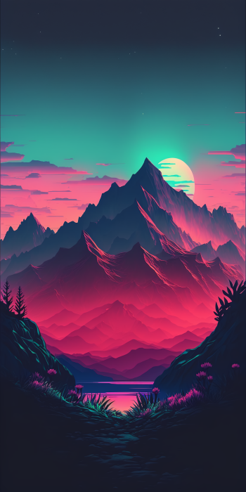 A vibrant AI art depiction of mountains under a glowing moon, blending rich pinks and deep blues, designed as an eye-catching phone wallpaper.