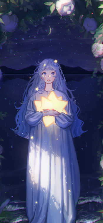 Phone wallpaper of an anime girl: a blue‑haired girl in a glowing gown cradling a bright star beneath a starry night, framed by roses and leaves.