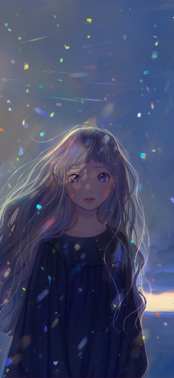 Phone wallpaper of an anime girl — anime, girl with long silvery hair gazes in soft blue dusk, surrounded by floating iridescent confetti-like specks.