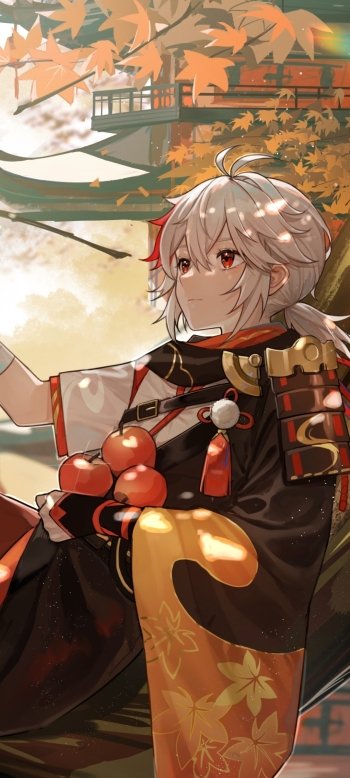 Phone wallpaper featuring Kaedehara Kazuha from Genshin Impact, showcasing autumn leaves and traditional Japanese architecture, compatible with iPhones and Android devices.