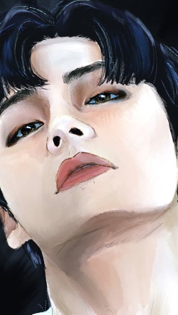 Digital painting of a BTS member with dark hair, seen from a low angle, designed as a vibrant wallpaper for iPhone and Android phones.