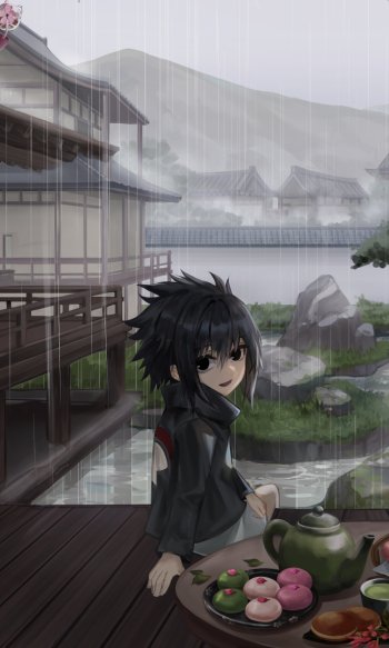 Phone wallpaper anime scene from Naruto: young Sasuke Uchiha sitting on a rainy wooden veranda, tea and sweets on a tray, misty lake and mountains in the background.