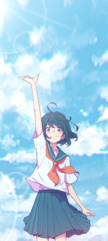 Phone wallpaper of an anime girl in a sailor school uniform reaching up toward a bright blue sky filled with drifting clouds.