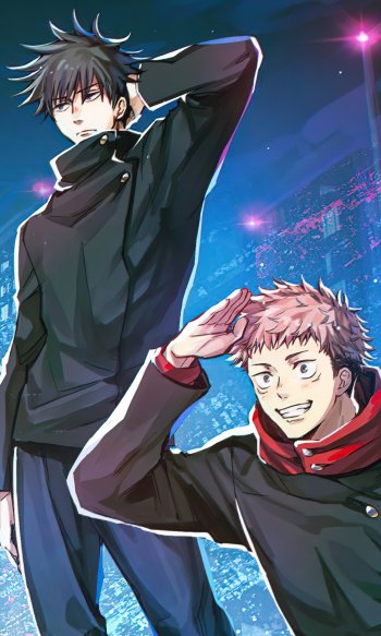 Phone wallpaper featuring Satoru Gojo and Yuji Itadori from the anime Jujutsu Kaisen, vibrant and dynamic for iPhone and Android displays.