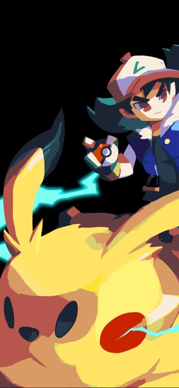 Anime-style Pokémon phone wallpaper featuring Ash holding a Poké Ball and a dynamic Pikachu with electric sparks, designed for both iPhone and Android screens.