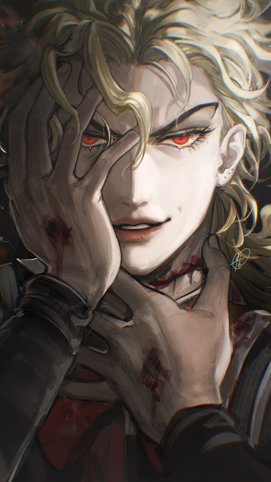 Dio Brando from Jojo's Bizarre Adventure with intense red eyes and a confident smirk, designed as a dynamic anime phone wallpaper for iPhones and Android devices.