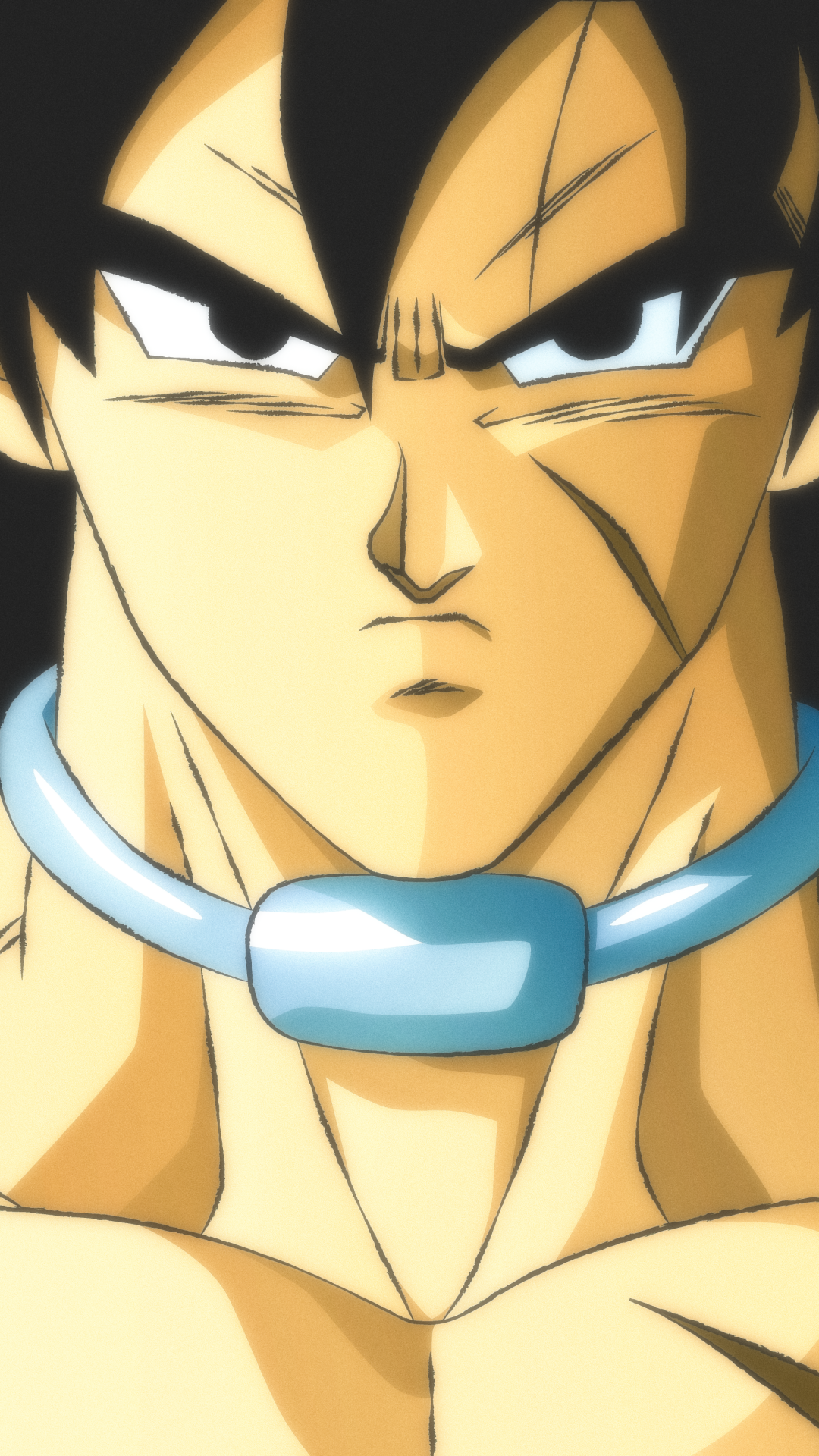 Phone wallpaper of Broly (Dragon Ball) from Dragon Ball Super — anime close-up with an intense stare, warm glowing skin tones and a signature cyan neck choker.