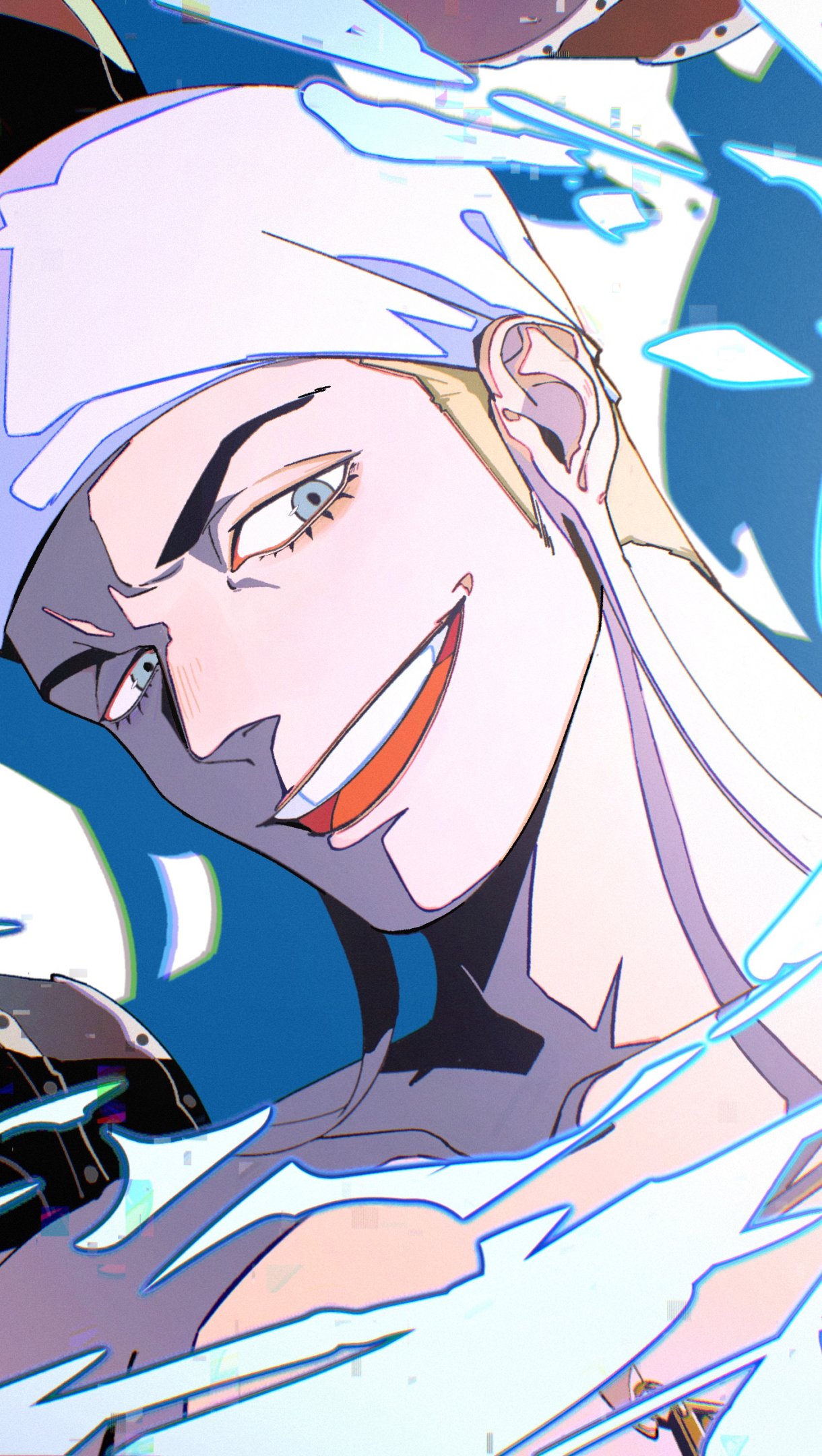 One Piece anime phone wallpaper: close-up of a grinning blond character with sharp eyes, white headwrap, dynamic blue lightning and floating shards.