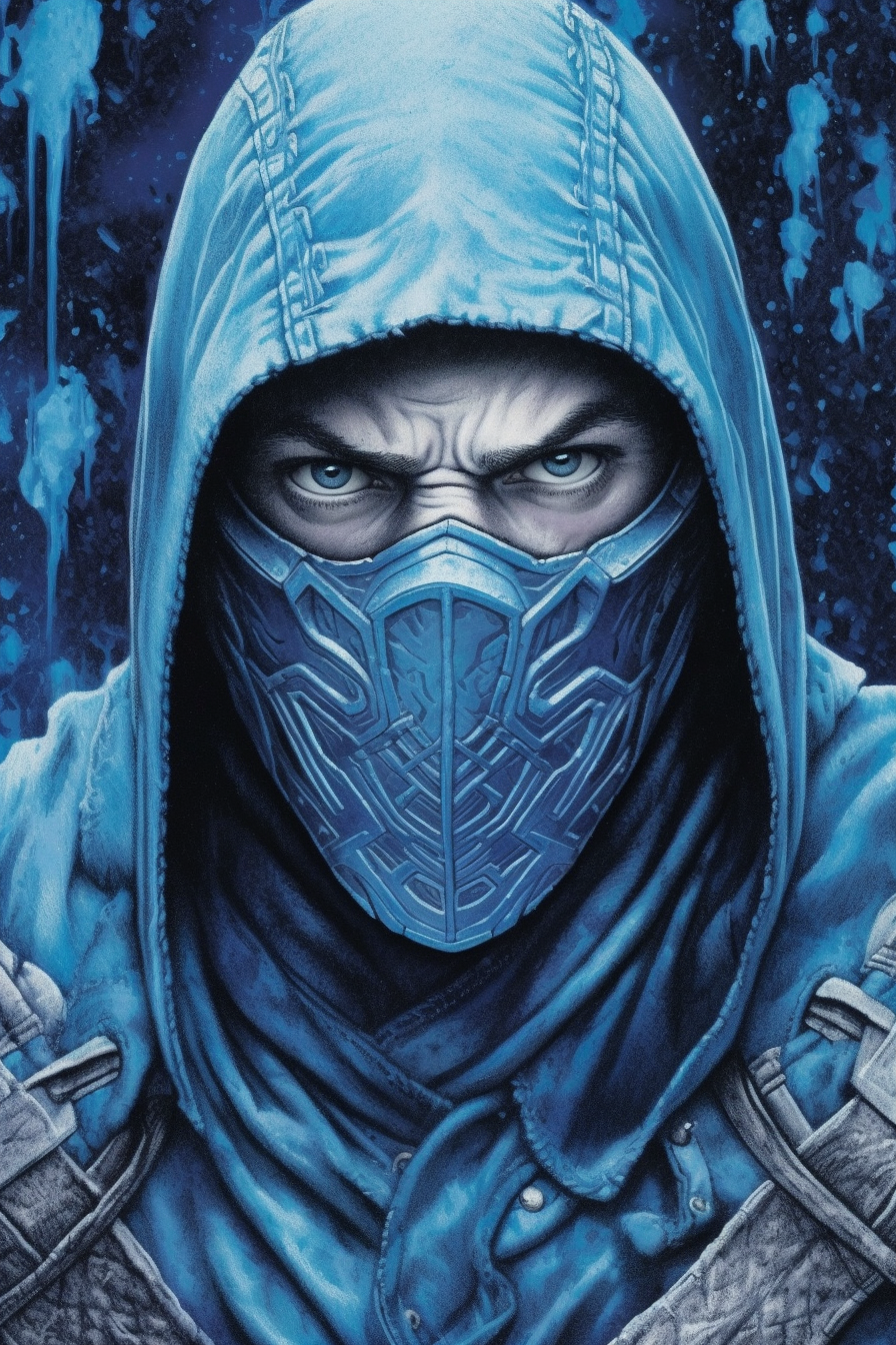 AI-art phone wallpaper of Sub-Zero (Mortal Kombat): hooded, masked ice warrior from the video game, piercing blue eyes and frost-textured blue tones.