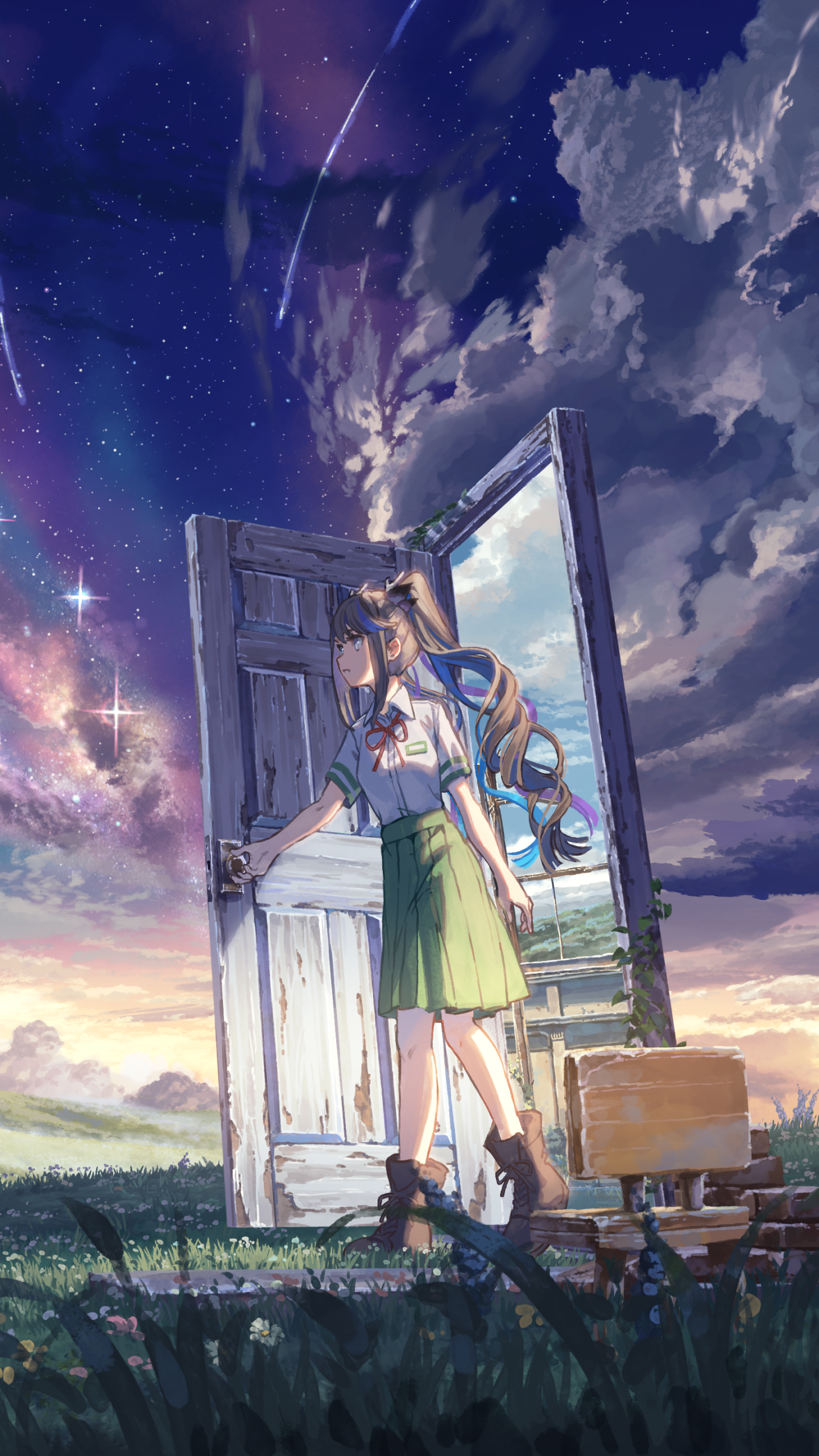 Phone wallpaper of Suzume Iwato (Anime: Suzume no Tojimari) standing by a weathered door in a grassy field at twilight, suitcase beside her under a starry, clouded sky.