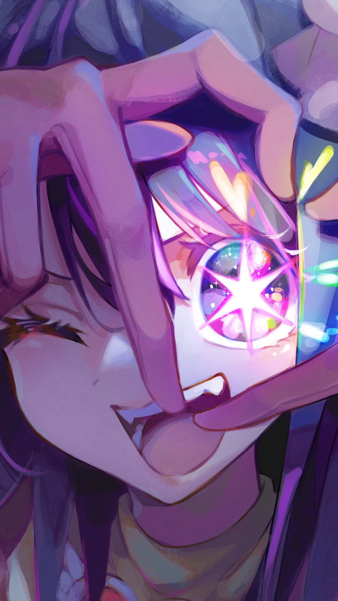 Vibrant anime-style wallpaper from Oshi no Ko featuring a close-up of a character with a glowing star in their eye, designed for iPhone and Android phones.