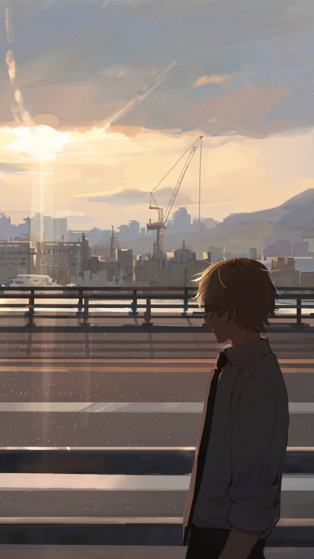 Chainsaw Man anime phone wallpaper (iPhone/Android): Denji's silhouette walks along a bridge at sunset, city skyline and cranes glowing under soft golden light.