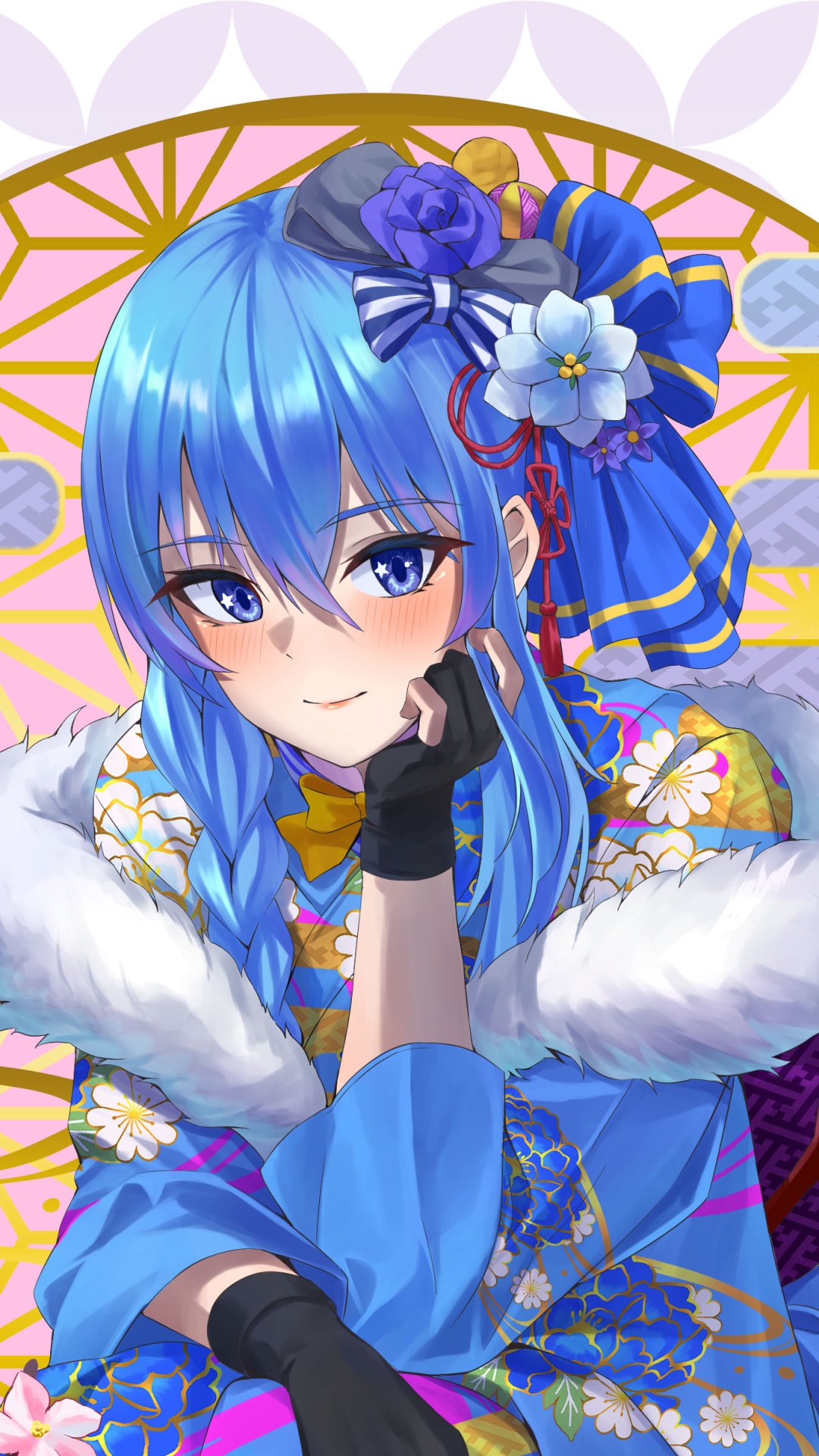 Phone wallpaper of Hoshimachi Suisei, featuring vibrant anime-style art of the Virtual YouTuber with blue hair and floral accessories, compatible with iPhones and Android devices.