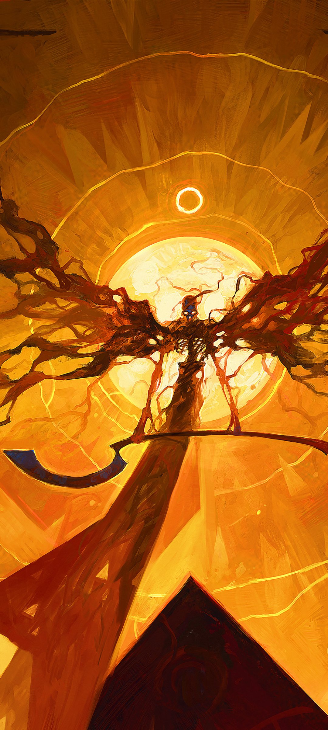 Elden Ring phone wallpaper: silhouetted figure atop a spire with twisted, branch-like wings unfurled against a blazing orange sun ringed by concentric celestial halos.