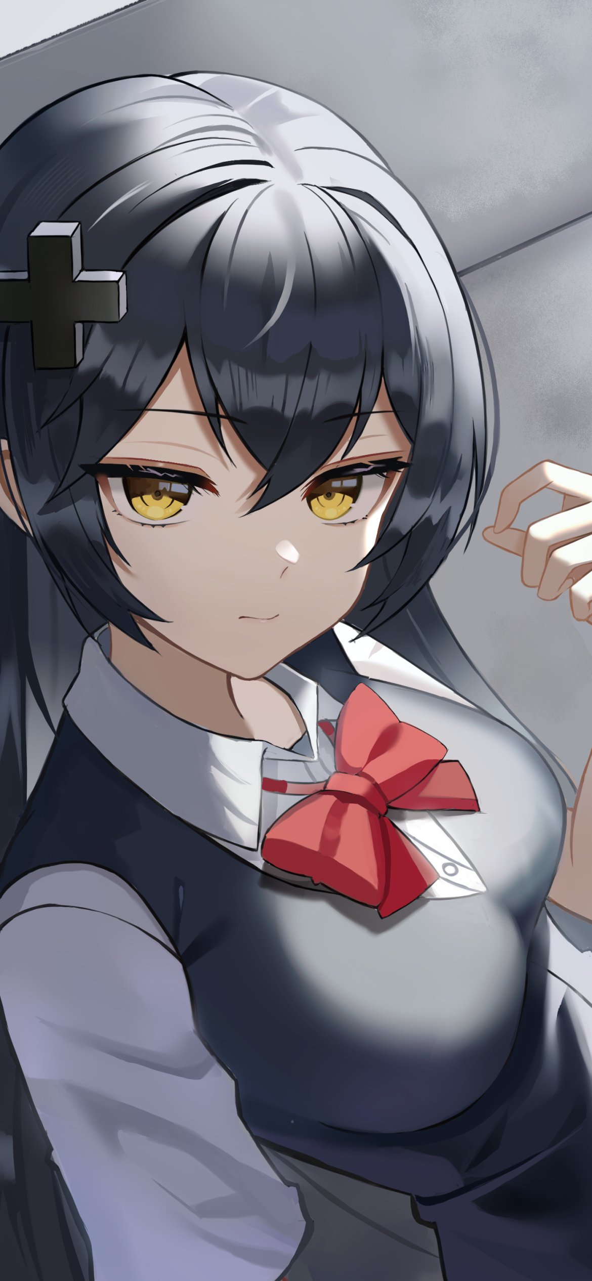 Anime girl with short black hair, golden eyes, and a red bow, depicted in a detailed style as a vertical phone wallpaper for iPhone and Android screens.