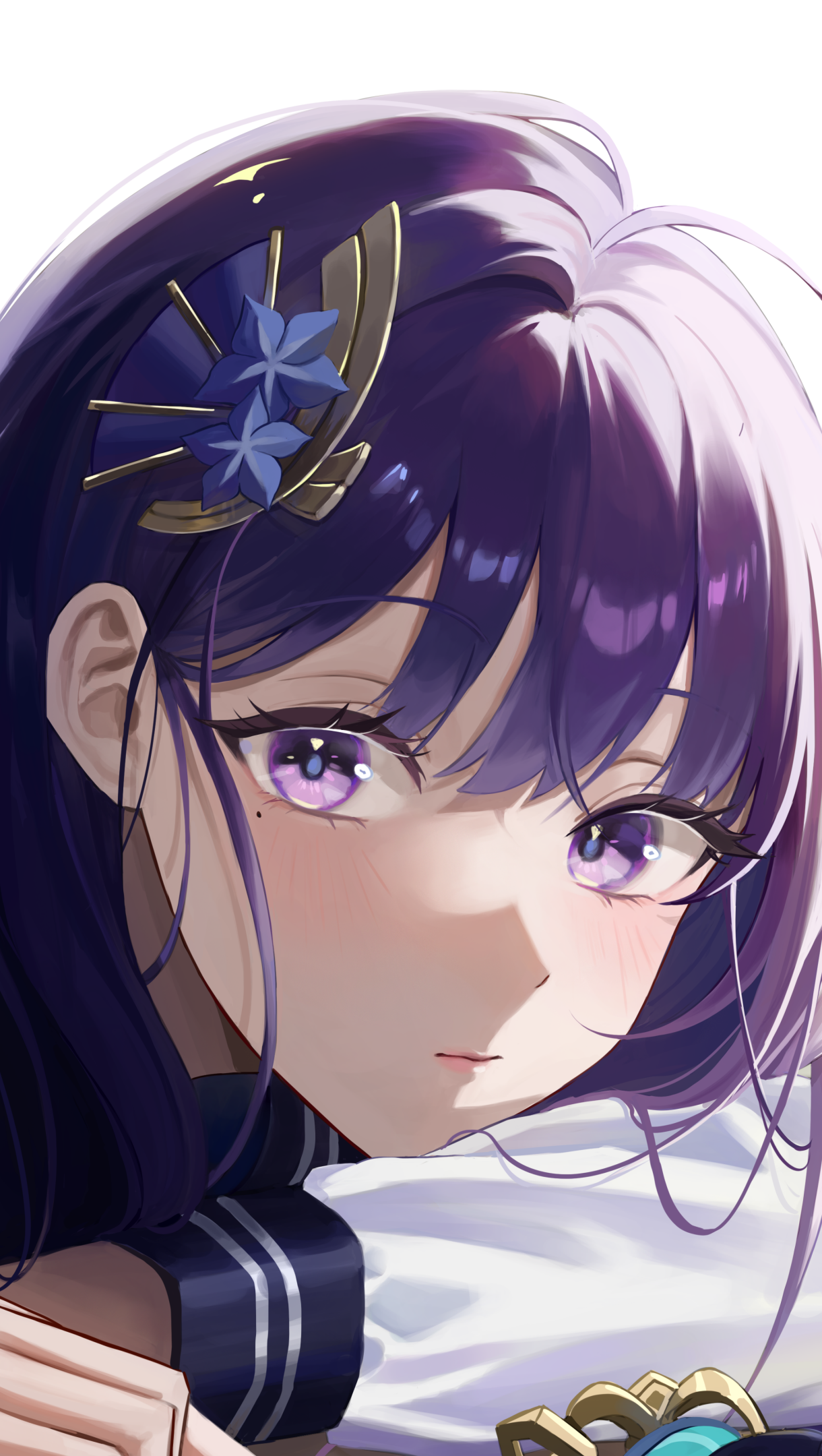 Phone wallpaper close-up of Baal (Raiden Shogun) from the video game Genshin Impact — purple hair, violet eyes, ornate hairpin, soft lighting and a calm, contemplative expression.