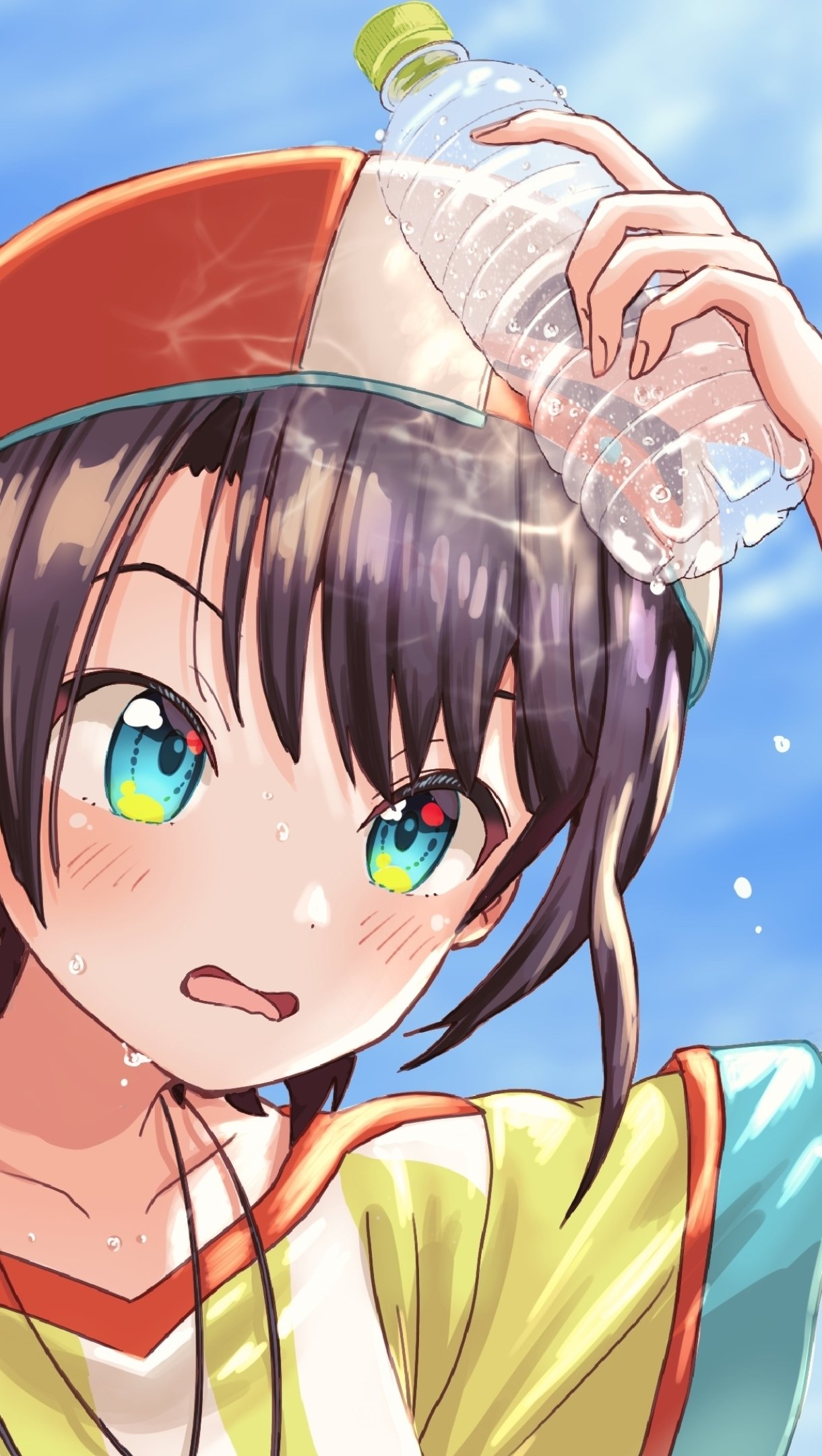 Phone wallpaper of anime Virtual YouTuber Oozora Subaru — close-up as she holds a water bottle to her head, flushed cheeks, bright teal eyes against a summer sky.