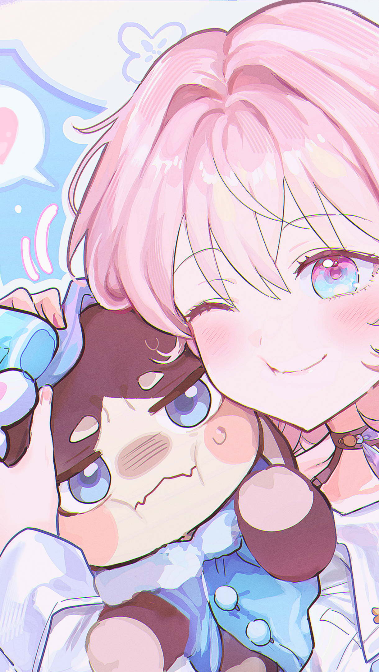 Phone wallpaper of March 7th from the video game Honkai: Star Rail winking and hugging her Pom‑Pom plush, pastel pink hair and blue accents reflect the game's cute, bright aesthetic.