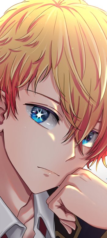 Phone wallpaper of Aquamarine Hoshino from Oshi no Ko: close-up anime portrait with golden hair, reflective blue eyes, and a contemplative expression.