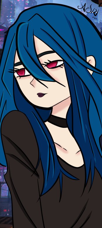 Phone wallpaper featuring an anime girl with long blue hair, pink eyes and a black choker, posed against a neon cityscape background.