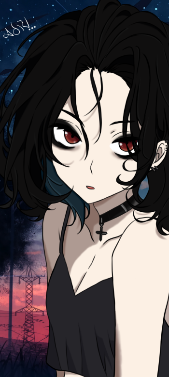 Phone wallpaper of an anime girl with messy black hair, red eyes, pale skin, cross choker and black top against a starry twilight sky with silhouetted power lines.