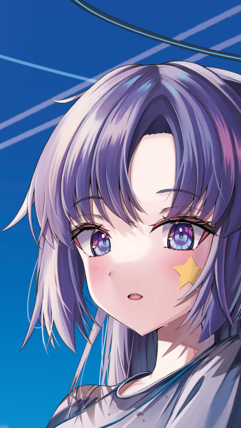 Phone wallpaper close-up of Hayase Yuuka from the video game Blue Archive: purple-haired girl with violet eyes, a yellow star on her cheek, and a clear blue sky backdrop.