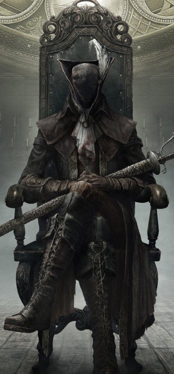 Phone wallpaper featuring Lady Maria (Bloodborne) from the video game Bloodborne: a cloaked, faceless hunter seated on an ornate throne, her cane blade resting across her lap.