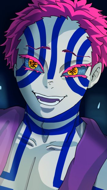 Akaza (Demon Slayer: Kimetsu no Yaiba) anime phone wallpaper — close-up of his grinning face, pink hair, blue facial stripes and glowing yellow eyes.
