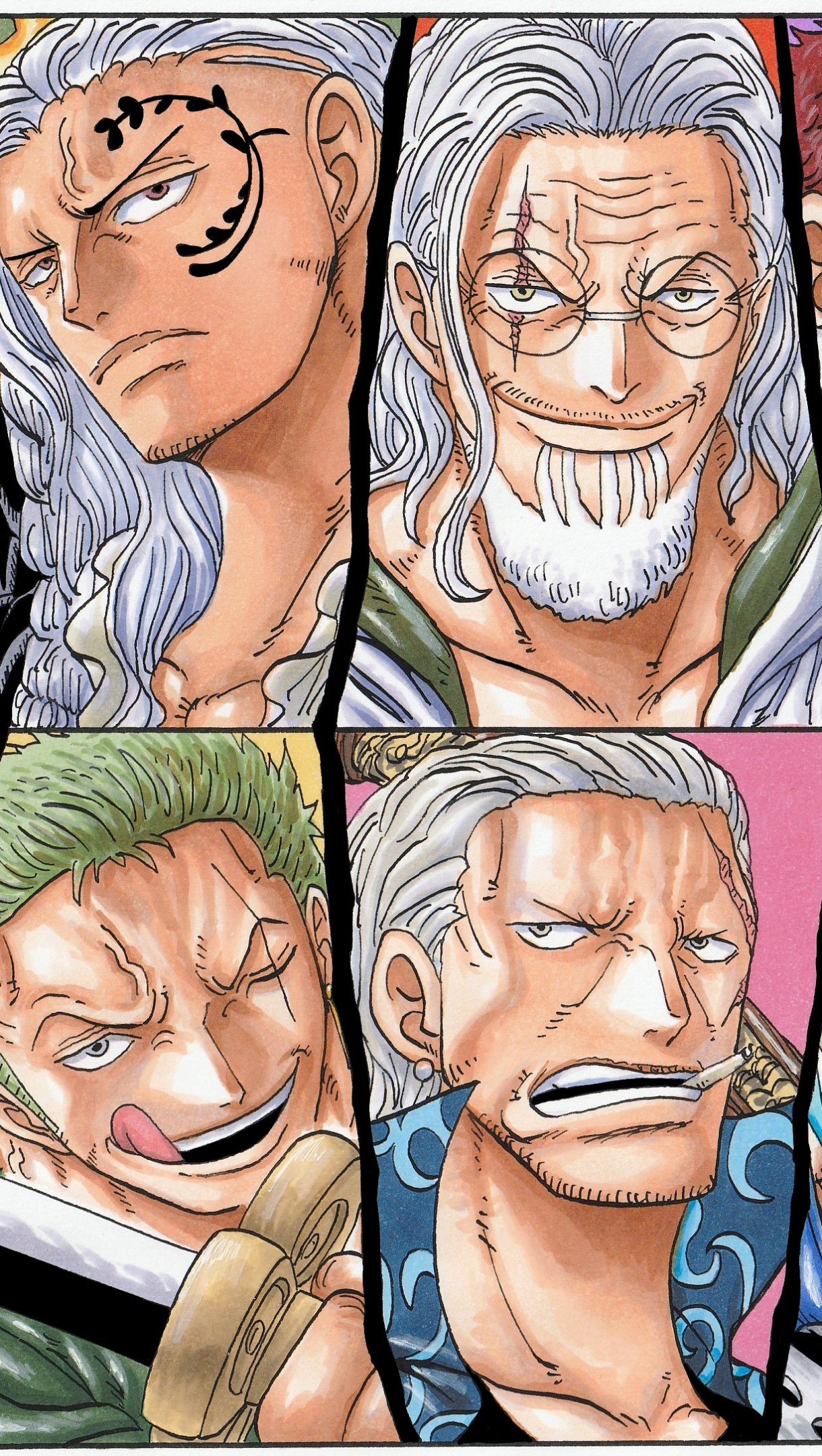 One Piece anime phone wallpaper: four-panel close-ups of grizzled pirate faces—silver-haired veterans and a green-haired fighter—bold expressions and vibrant manga-style colors.