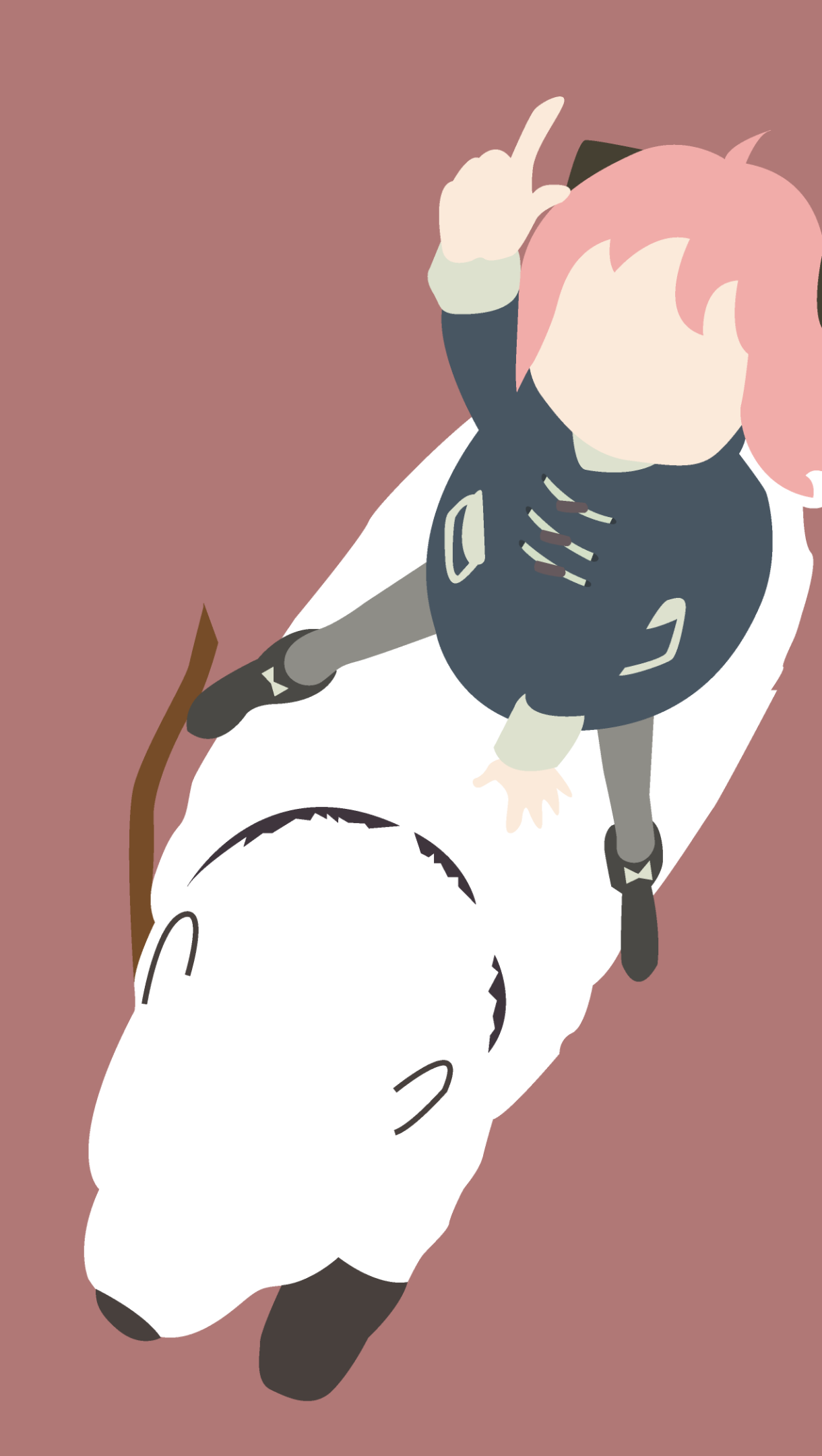 Anime-style Spy x Family phone wallpaper featuring a simplified character with pink hair riding a large white dog, designed for both iPhone and Android screens.