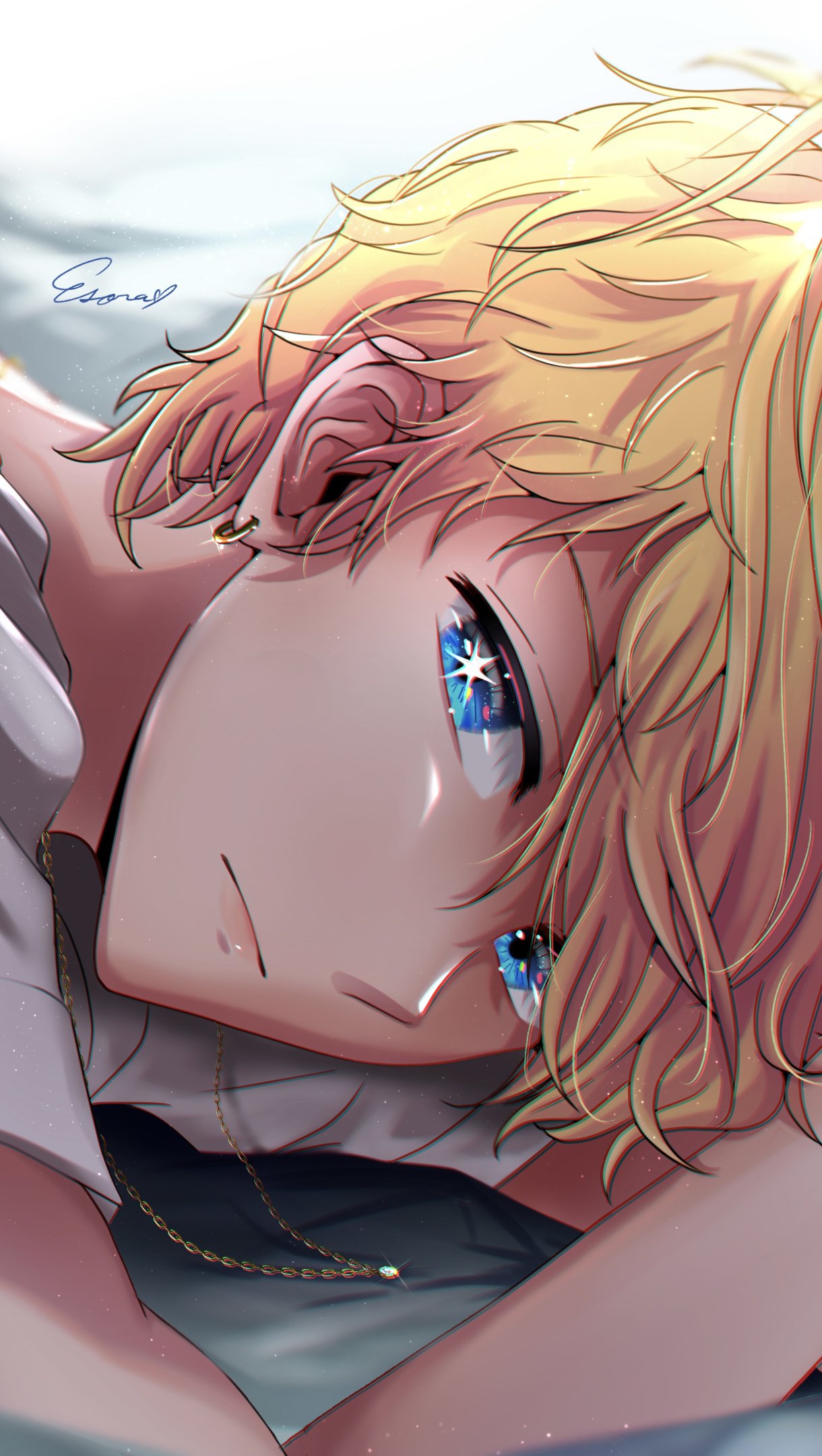 Anime phone wallpaper: close-up of a blond Oshi no Ko character lying down, gazing with sparkling, star-filled blue eyes, soft lighting and a single tear.