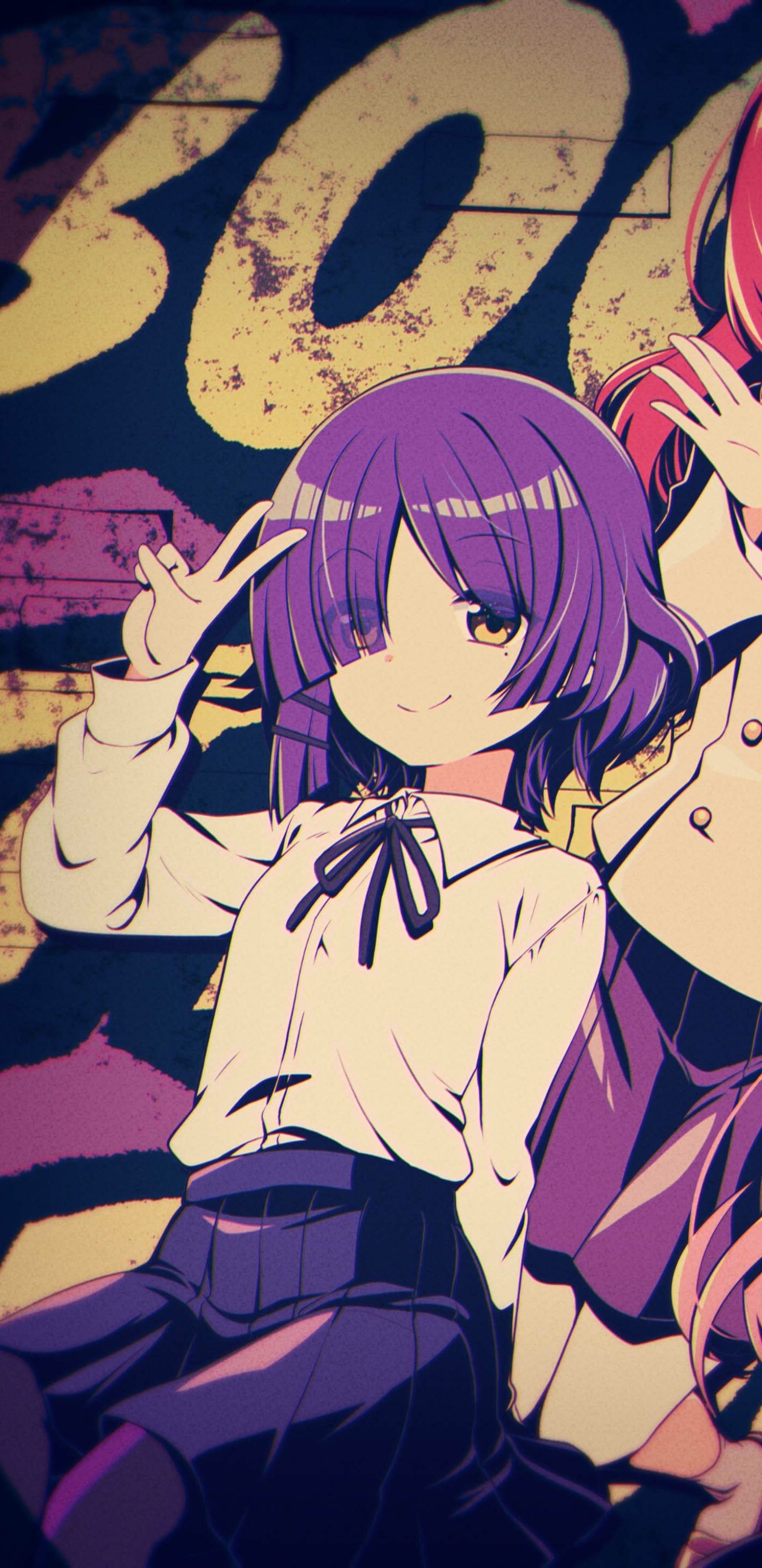 Phone wallpaper featuring a Bocchi the Rock! anime character with short purple hair in a school uniform, flashing a peace sign against a bold, gritty graffiti-style background.