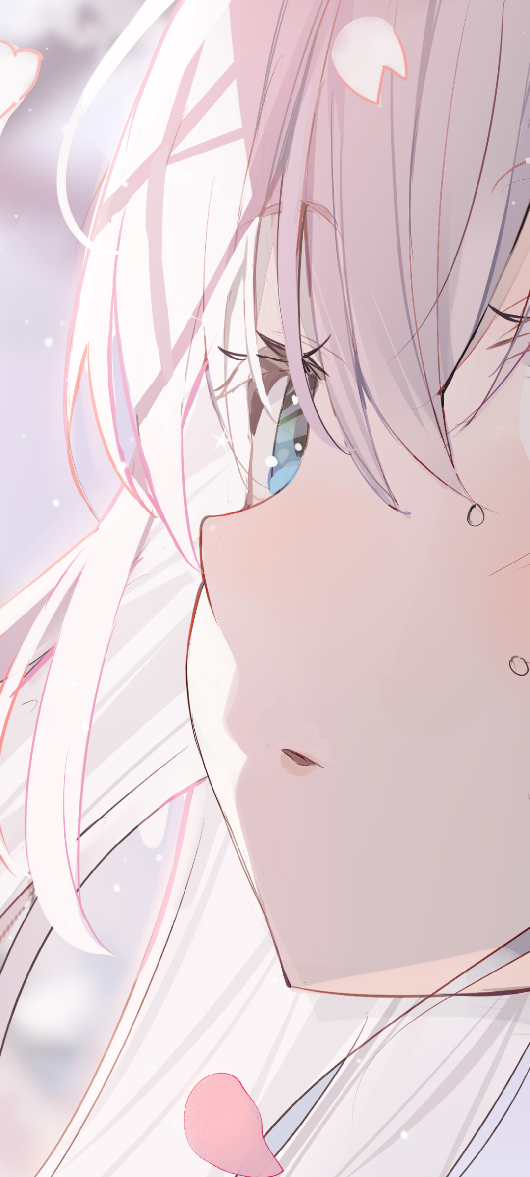 Close-up anime girl profile with white-pink hair, blue eye and drifting sakura petals — phone wallpaper sized for iPhone and Android.
