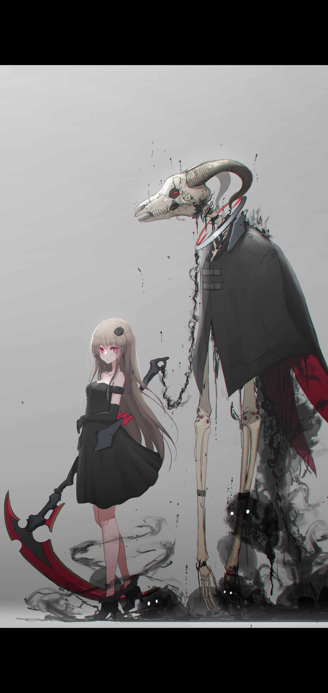 Anime phone wallpaper depicting an anime girl in a black dress with pale skin and red eyes clutching a bloodied red scythe, beside a towering horned skeletal figure dripping ink and blood.