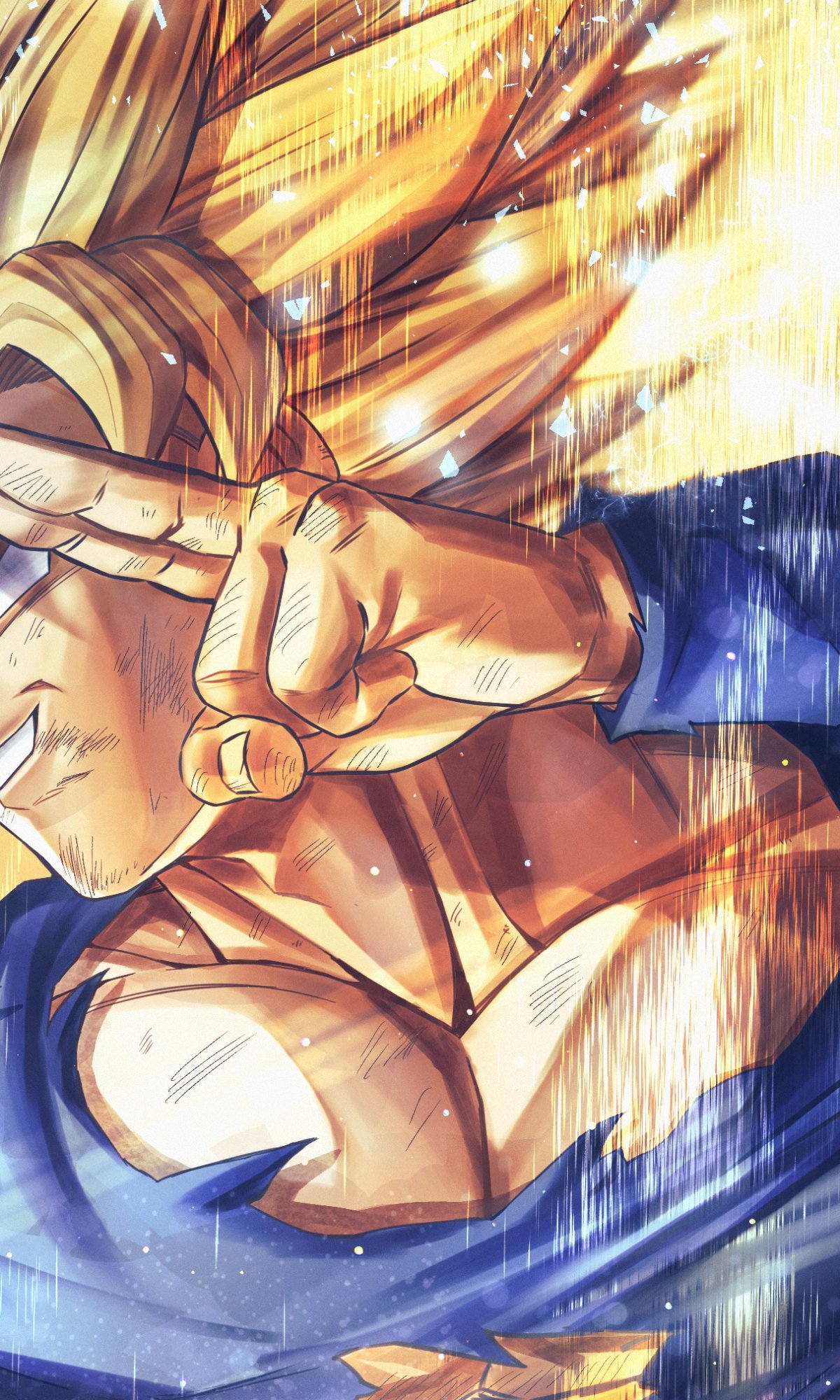 Dynamic Dragon Ball anime phone wallpaper of a Super Saiyan (Goku) powering up, golden hair and blazing aura, formatted for iPhone and Android screens.