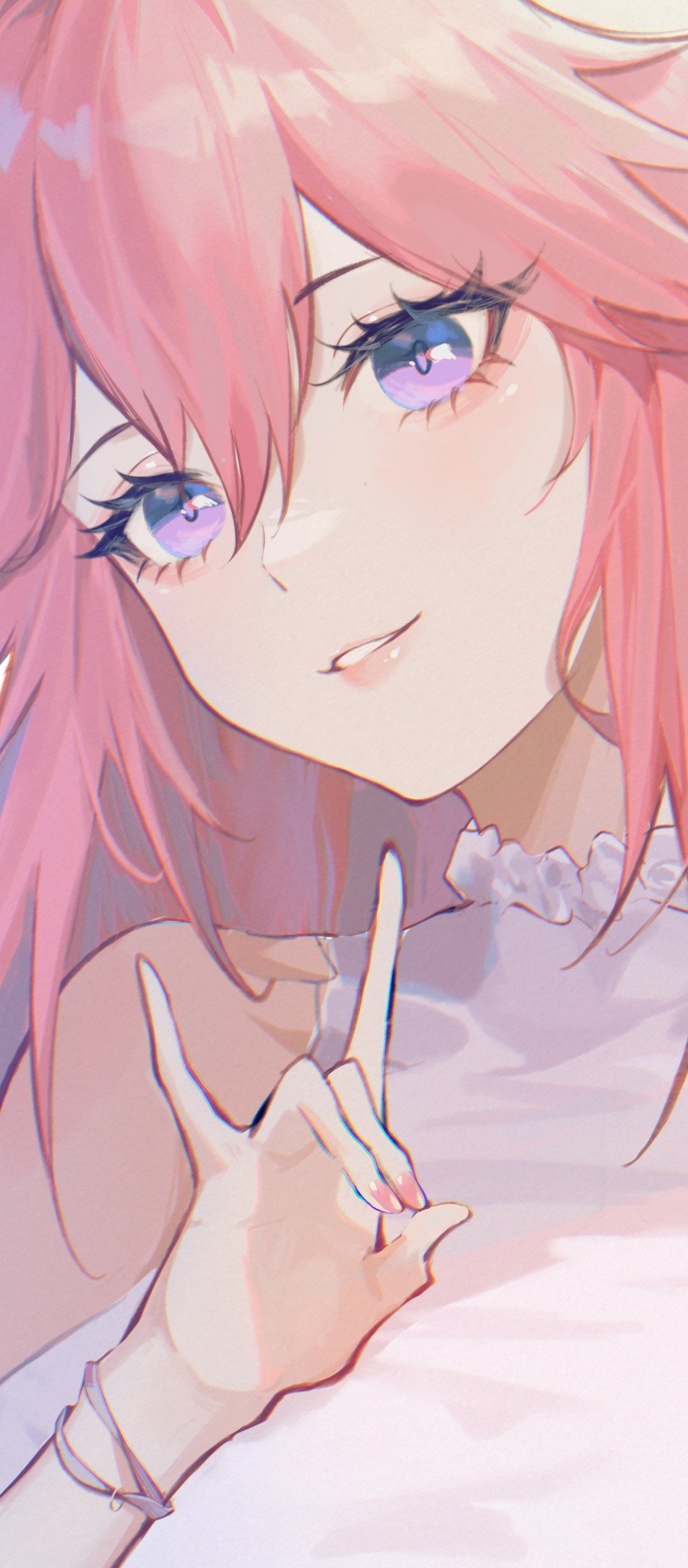 Phone wallpaper of a Genshin Impact video game character: close-up portrait with pink hair, violet eyes, soft pastel lighting, a gentle smile and a delicate hand gesture.