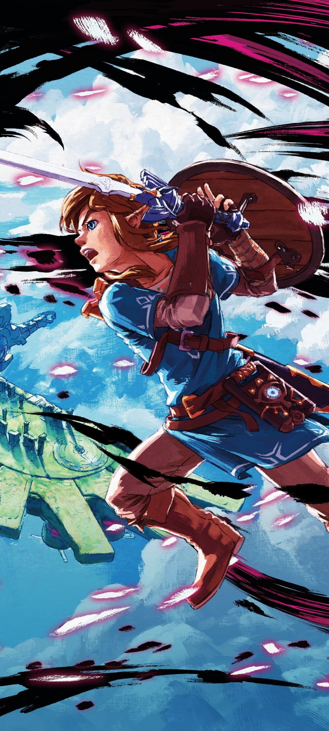Phone wallpaper of Link from the video game The Legend of Zelda: Breath of the Wild, charging with sword and shield through swirling petals and ink-like brush strokes.