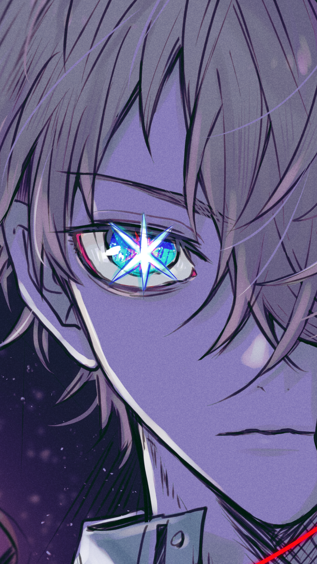 Close-up of a character from the anime Oshi no Ko with a glowing star reflected in their eye, designed as a vibrant phone wallpaper for iPhone and Android.